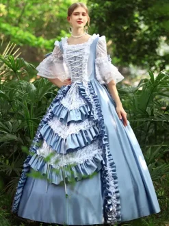 Light Sky Blue Retro Tudor Dress Costumes Women's Ruffles Polyester Marie Antoinette Costume Dress Euro-Style Vintage Clothing