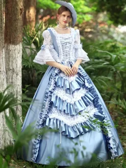 Light Sky Blue Retro Tudor Dress Costumes Women's Ruffles Polyester Marie Antoinette Costume Dress Euro-Style Vintage Clothing