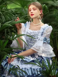 Light Sky Blue Retro Tudor Dress Costumes Women's Ruffles Polyester Marie Antoinette Costume Dress Euro-Style Vintage Clothing