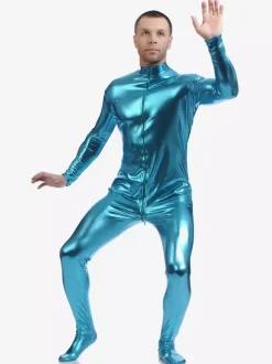 Light Sky Blue Adults Bodysuit Shiny Metallic Catsuit for Men