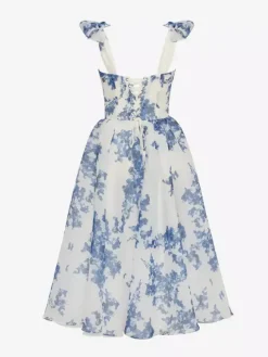 Light Sky Blue Corset Dress Tie Strap Floral A-Line Elegant Party Prom Midi Dresses