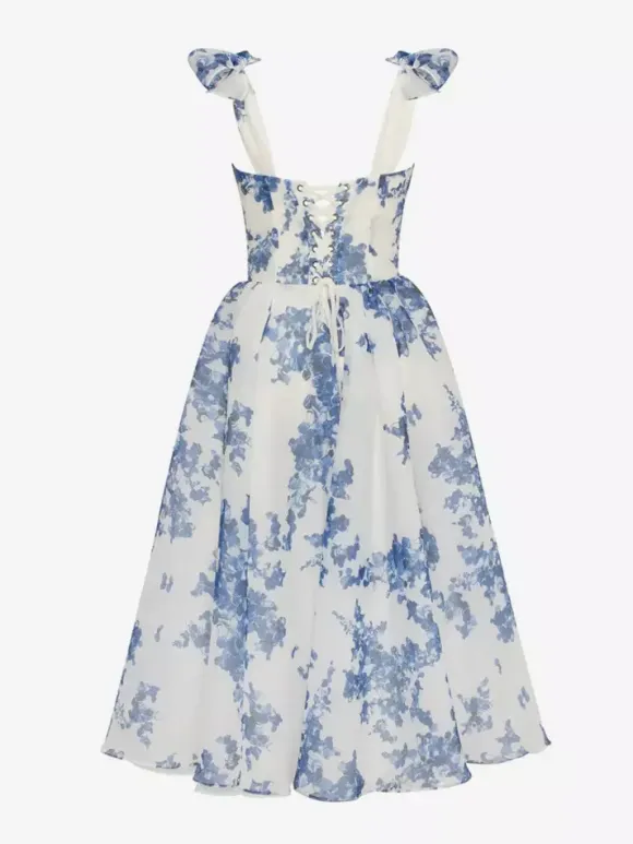 Light Sky Blue Corset Dress Tie Strap Floral A-Line Elegant Party Prom Midi Dresses