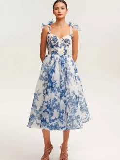 Light Sky Blue Corset Dress Tie Strap Floral A-Line Elegant Party Prom Midi Dresses