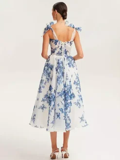 Light Sky Blue Corset Dress Tie Strap Floral A-Line Elegant Party Prom Midi Dresses