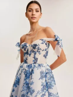 Light Sky Blue Corset Dress Tie Strap Floral A-Line Elegant Party Prom Midi Dresses