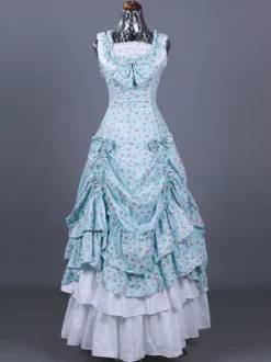 Light Sky Blue Retro Costumes Women's Floral Print Ruffles Pleated Polyester Set Dress Marie Antoinette Costume Retro 18th Century Costume
