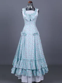 Light Sky Blue Retro Costumes Women's Floral Print Ruffles Pleated Polyester Set Dress Marie Antoinette Costume Retro 18th Century Costume