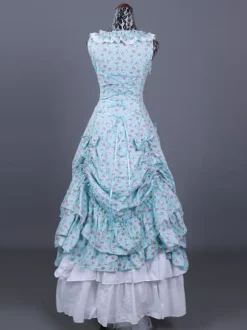 Light Sky Blue Retro Costumes Women's Floral Print Ruffles Pleated Polyester Set Dress Marie Antoinette Costume Retro 18th Century Costume