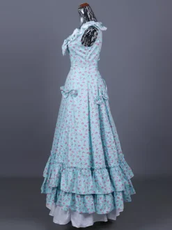 Light Sky Blue Retro Costumes Women's Floral Print Ruffles Pleated Polyester Set Dress Marie Antoinette Costume Retro 18th Century Costume