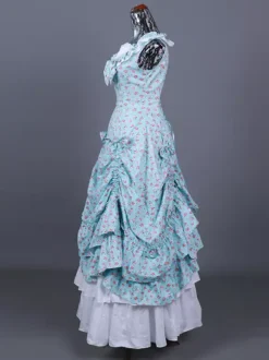 Light Sky Blue Retro Costumes Women's Floral Print Ruffles Pleated Polyester Set Dress Marie Antoinette Costume Retro 18th Century Costume