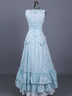 Light Sky Blue Retro Costumes Women's Floral Print Ruffles Pleated Polyester Set Dress Marie Antoinette Costume Retro 18th Century Costume