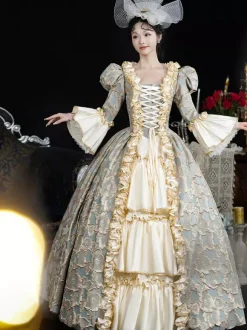 Light Sky Blue Retro Costumes Women's Lace Ruffles Polyester Headwear Dress Retro Marie Antoinette Costume Vintage Clothing