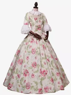 Light Apricot Retro Tudor Dress Costumes Women's Floral Print Bows Ruffles Marie Antoinette Costume Polyester Tunic Choker Dress Retro Vintage Clothing