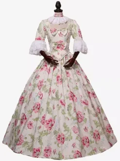 Light Apricot Retro Tudor Dress Costumes Women's Floral Print Bows Ruffles Marie Antoinette Costume Polyester Tunic Choker Dress Retro Vintage Clothing