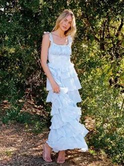 Light Blue Floral Ruffle Maxi Dress For Women - Cottagecore Backless Tiered Long Sundress - Summer Garden Party 2026