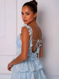 Light Blue Floral Ruffle Maxi Dress For Women - Cottagecore Backless Tiered Long Sundress - Summer Garden Party 2026