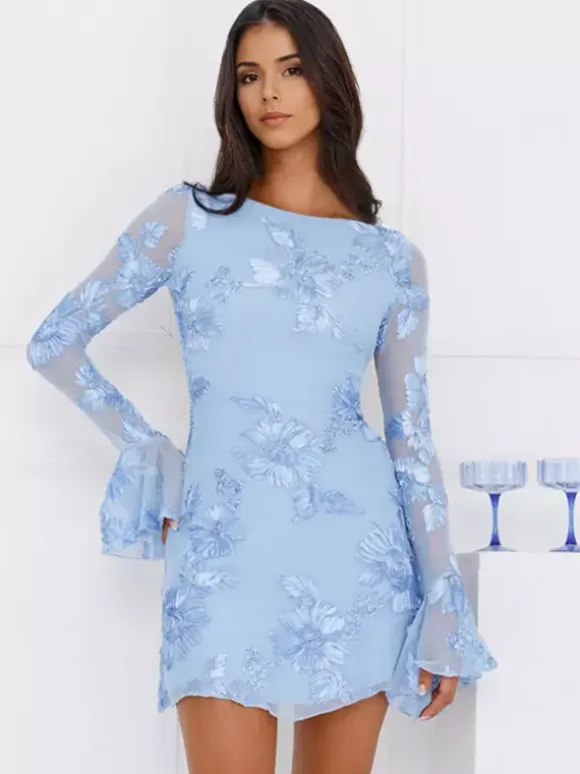 Light Blue Flower Embroidered Dress With Bell Sleeves And Open Back For Fall 2026