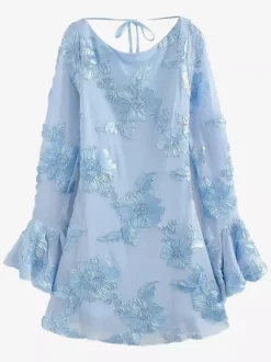 Light Blue Flower Embroidered Dress With Bell Sleeves And Open Back For Fall 2026