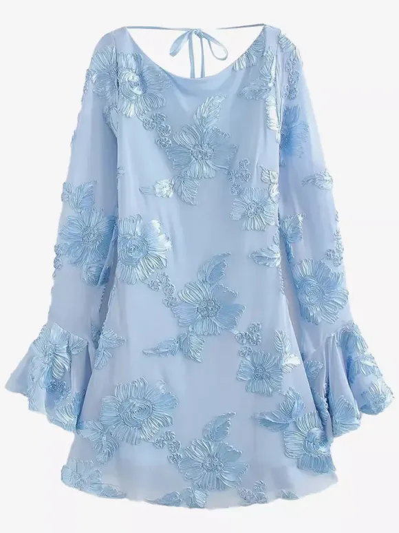 Light Blue Flower Embroidered Dress With Bell Sleeves And Open Back For Fall 2026