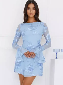 Light Blue Flower Embroidered Dress With Bell Sleeves And Open Back For Fall 2026