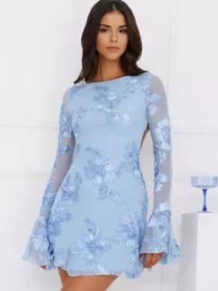 Light Blue Flower Embroidered Dress With Bell Sleeves And Open Back For Fall 2026