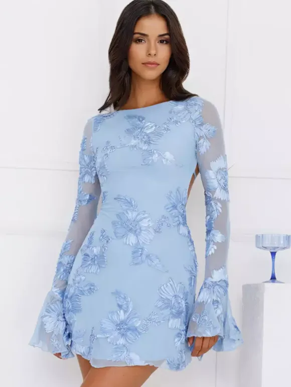 Light Blue Flower Embroidered Dress With Bell Sleeves And Open Back For Fall 2026