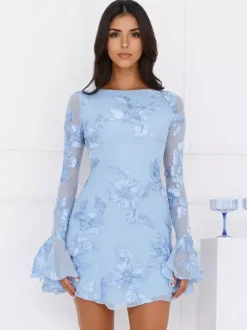 Light Blue Flower Embroidered Dress With Bell Sleeves And Open Back For Fall 2026