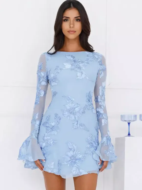 Light Blue Flower Embroidered Dress With Bell Sleeves And Open Back For Fall 2026
