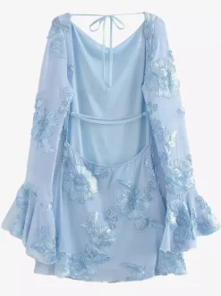 Light Blue Flower Embroidered Dress With Bell Sleeves And Open Back For Fall 2026
