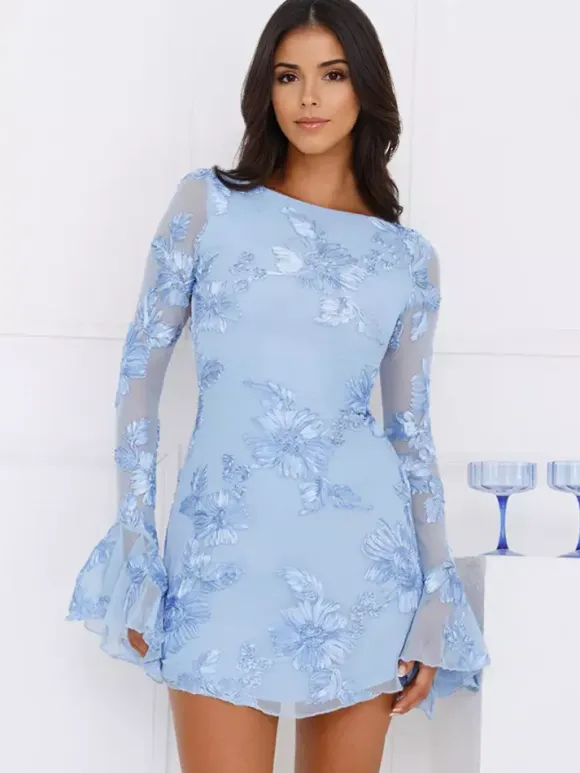 Light Blue Flower Embroidered Dress With Bell Sleeves And Open Back For Fall 2026