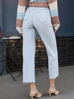 Light Blue Jeans For Women - Casual Tie Waist Raw Hem Straight Denim - Spring Outdoor Daily 2026