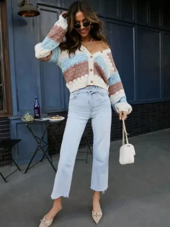 Light Blue Jeans For Women - Casual Tie Waist Raw Hem Straight Denim - Spring Outdoor Daily 2026