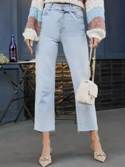 Light Blue Jeans For Women - Casual Tie Waist Raw Hem Straight Denim - Spring Outdoor Daily 2026