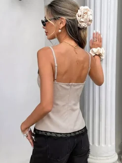 Light Brown Cami Top Straps Neck Woven Asymmetrical Sexy Women Camis