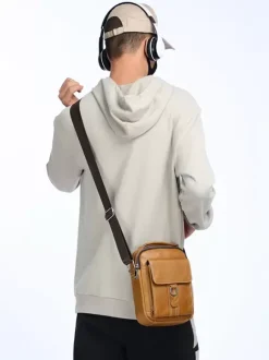 Light Brown Lace-up Buckle Sports Crossbody Bag Men Business Satchel Bag