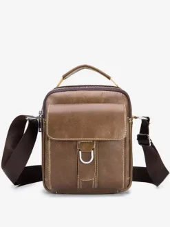 Light Brown Lace-up Buckle Sports Crossbody Bag Men Business Satchel Bag