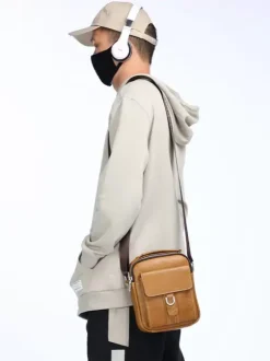 Light Brown Lace-up Buckle Sports Crossbody Bag Men Business Satchel Bag