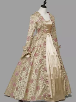 Light Brown Retro Tudor Dress Costumes Women's Floral Print Ruffles Bows Marie Antoinette Costume Polyester Tunic Dress Retro 18th Century Costume