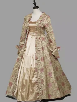 Light Brown Retro Tudor Dress Costumes Women's Floral Print Ruffles Bows Marie Antoinette Costume Polyester Tunic Dress Retro 18th Century Costume