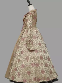 Light Brown Retro Tudor Dress Costumes Women's Floral Print Ruffles Bows Marie Antoinette Costume Polyester Tunic Dress Retro 18th Century Costume