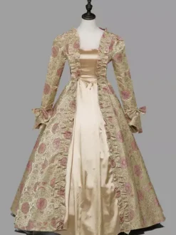 Light Brown Retro Tudor Dress Costumes Women's Floral Print Ruffles Bows Marie Antoinette Costume Polyester Tunic Dress Retro 18th Century Costume