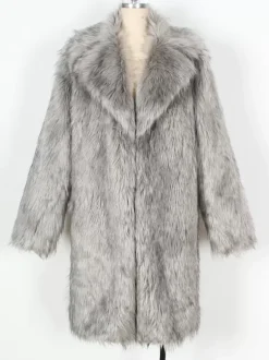 Light Gray Long Men's Faux Fur Coat Winter Warm Long-Sleeved Jacket with Turn-Down Collar