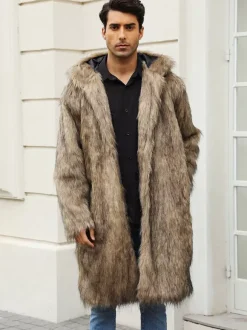 Light Gray Long Men's Faux Fur Coat Winter Warm Long-Sleeved Jacket with Turn-Down Collar and Hood