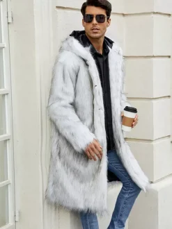 Light Gray Long Men's Faux Fur Coat Winter Warm Long-Sleeved Jacket with Turn-Down Collar and Hood