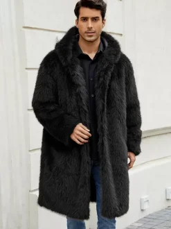 Light Gray Long Men's Faux Fur Coat Winter Warm Long-Sleeved Jacket with Turn-Down Collar and Hood