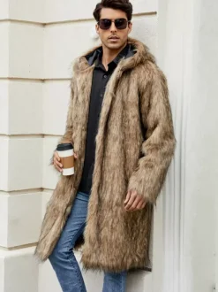 Light Gray Long Men's Faux Fur Coat Winter Warm Long-Sleeved Jacket with Turn-Down Collar and Hood