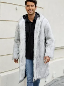 Light Gray Long Men's Faux Fur Coat Winter Warm Long-Sleeved Jacket with Turn-Down Collar and Hood