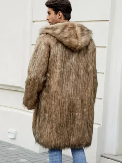 Light Gray Long Men's Faux Fur Coat Winter Warm Long-Sleeved Jacket with Turn-Down Collar and Hood