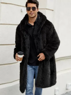 Light Gray Long Men's Faux Fur Coat Winter Warm Long-Sleeved Jacket with Turn-Down Collar and Hood
