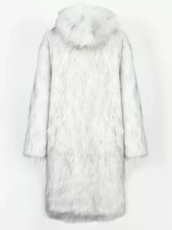 Light Gray Long Men's Faux Fur Coat Winter Warm Long-Sleeved Jacket with Turn-Down Collar and Hood